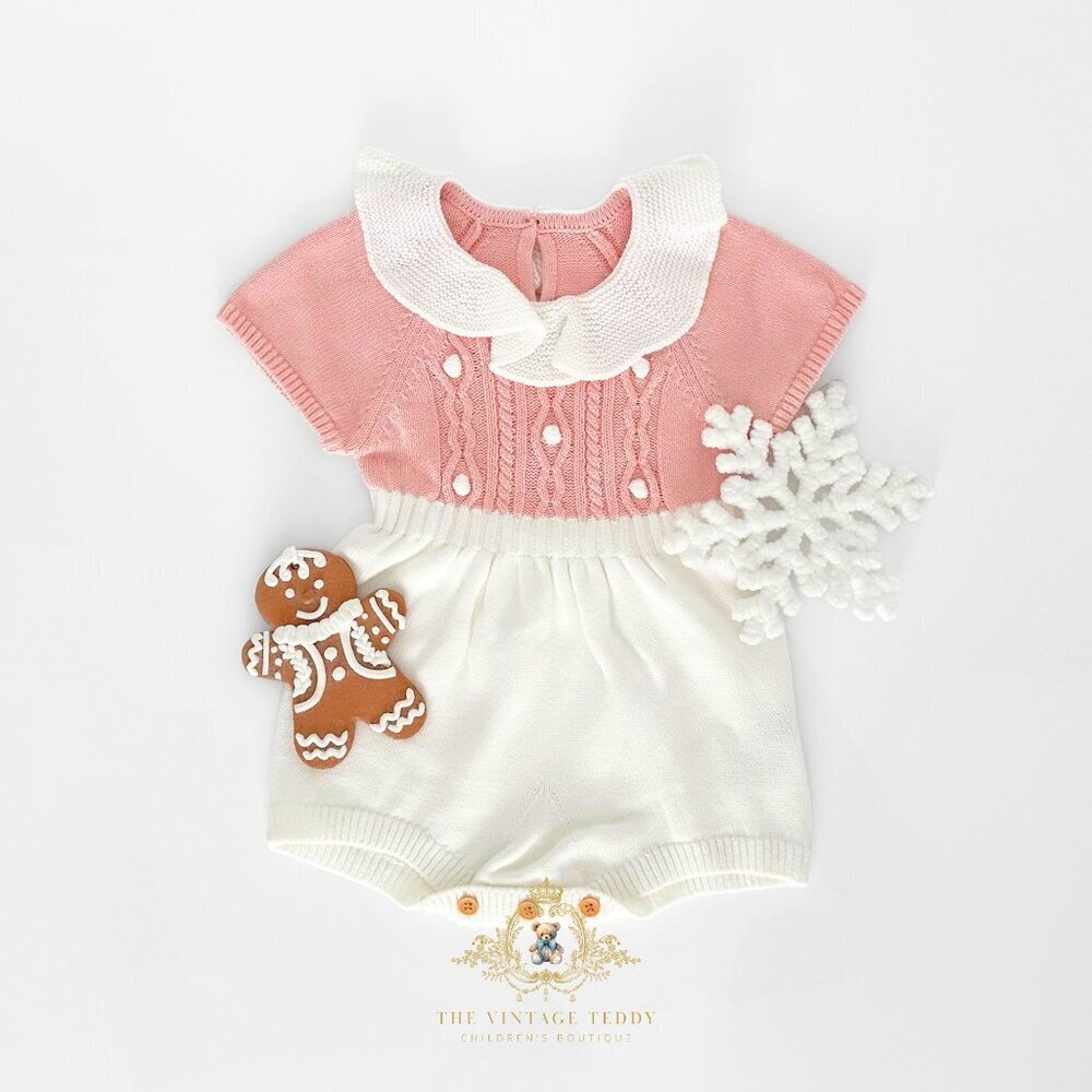 NWT Lovely Girls Knitted One-piece Bodysuits Romper Pink & White Pom Pom 3-6M